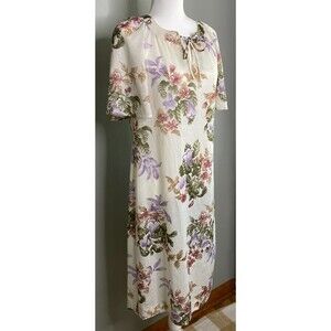 VTG Mynette Women's 14 Dress Sheer Tropical Floral Cream Flutter Sleeve 70's
